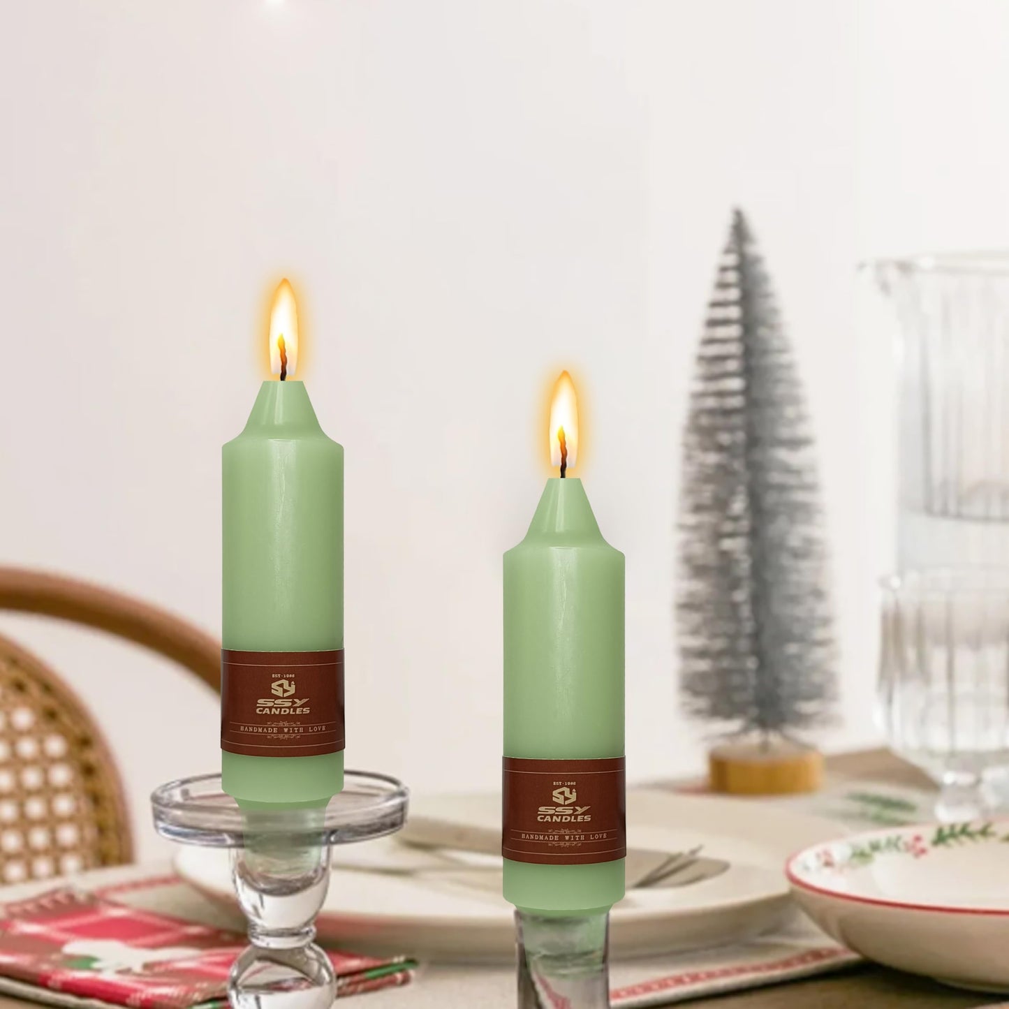 5 in Unscented Taper Candles Light Green Candles 4 PCS Smokeless Small Candlesticks for Dinner Household Wedding Party Home Décor