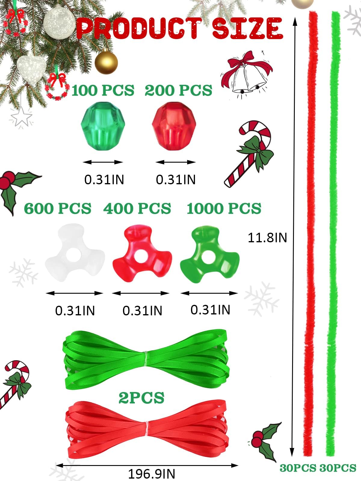 Lanstics Christmas Craft Kit - 60 Sets Beaded Ornament Kit Including Wreath, Candy Cane for Xmas Tree Decorations - Adults & Kids - Assembly Needed