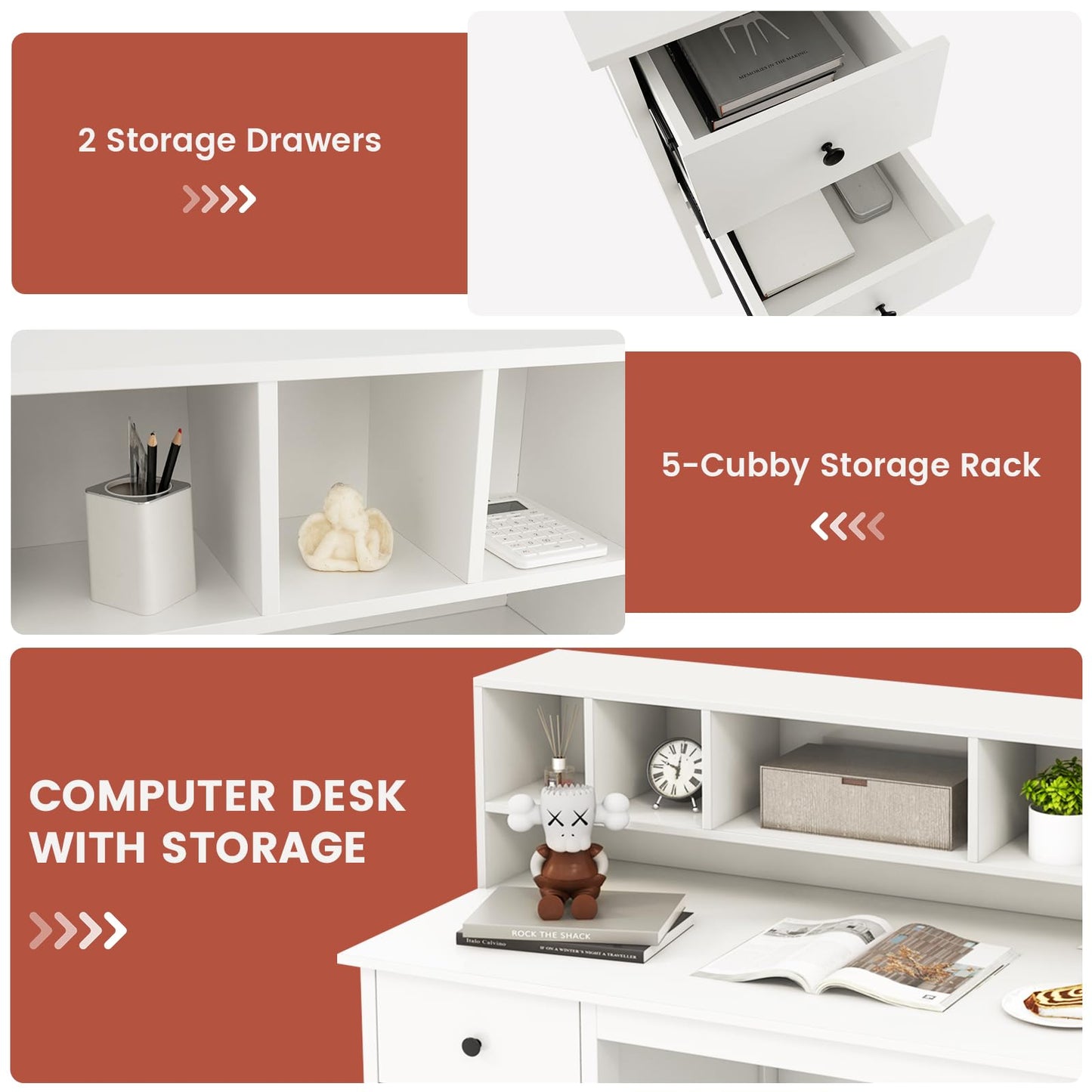 Tangkula White Desk with Drawers & Hutch, Modern Home Office Desk Writing Study Desk with Charging Station, Laptop Desk with 5 Storage Compartments, Computer Workstation Makeup Vanity Desk