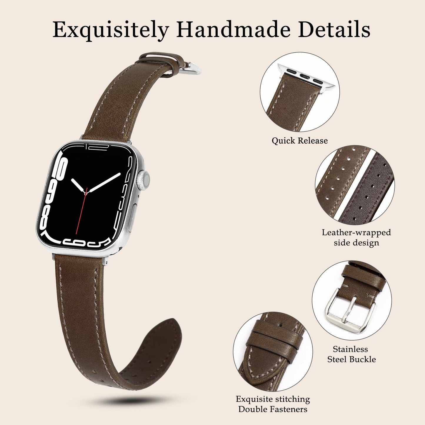 Soft Top-Grain Leather Watch Band Men Women, Compatible with All Apple Watch Series, Breathable, Sweat-Resistant iWatch Strap