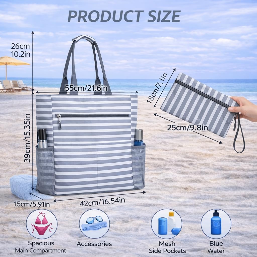 Waterproof Sandproof Beach Tote Bag for Women, Large Foldable Beach Bag with Zipper & Pockets, Packable Travel Pool Bag, Cruise Beach Bag Carry-On for Vacation, Gym & Beach, 9 Smart Pockets (Grey)