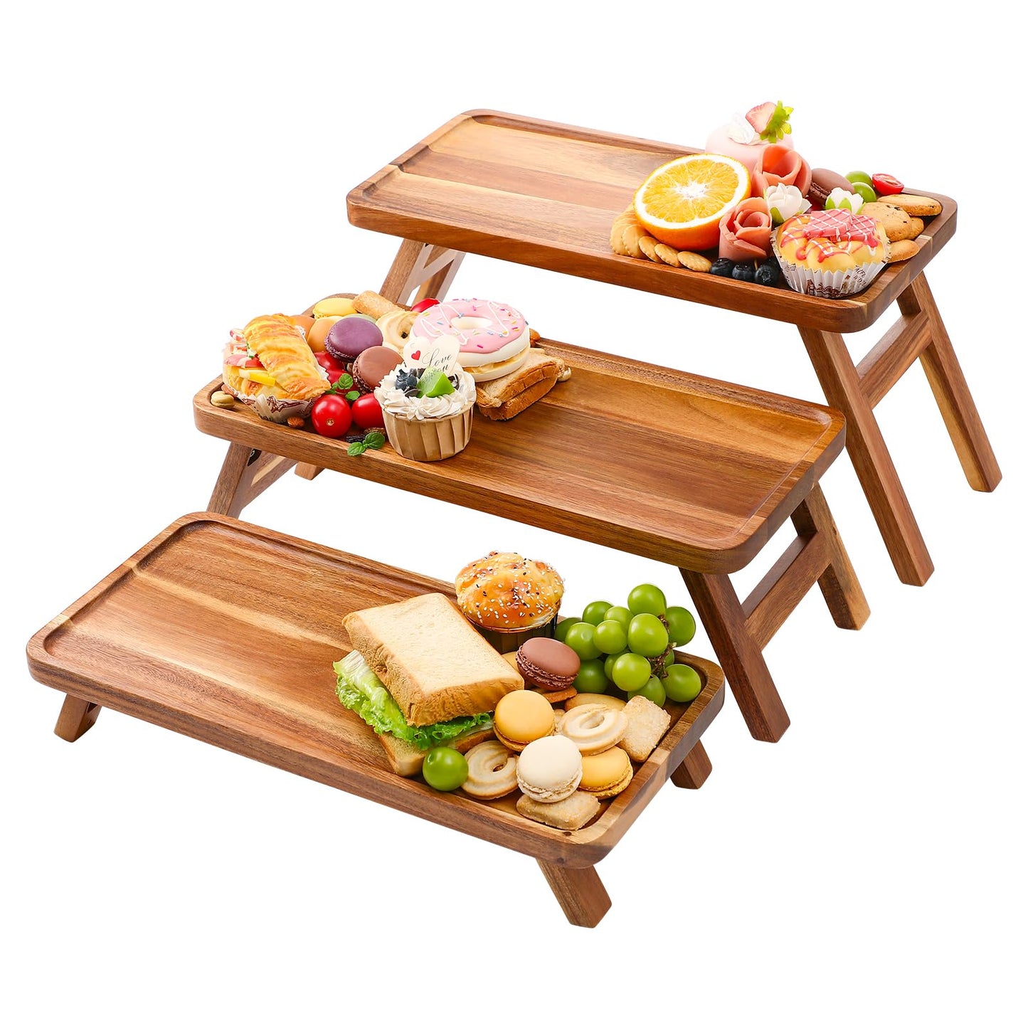Tiered Serving Tray 17 Inch Acacia Wooden Cupcake Stand & Platters 3 Tiered Tray Foldable Dessert Table Display Set Decor for Party Charcuterie Boards for Birthday, Wedding, Christmas, Valentine's Day