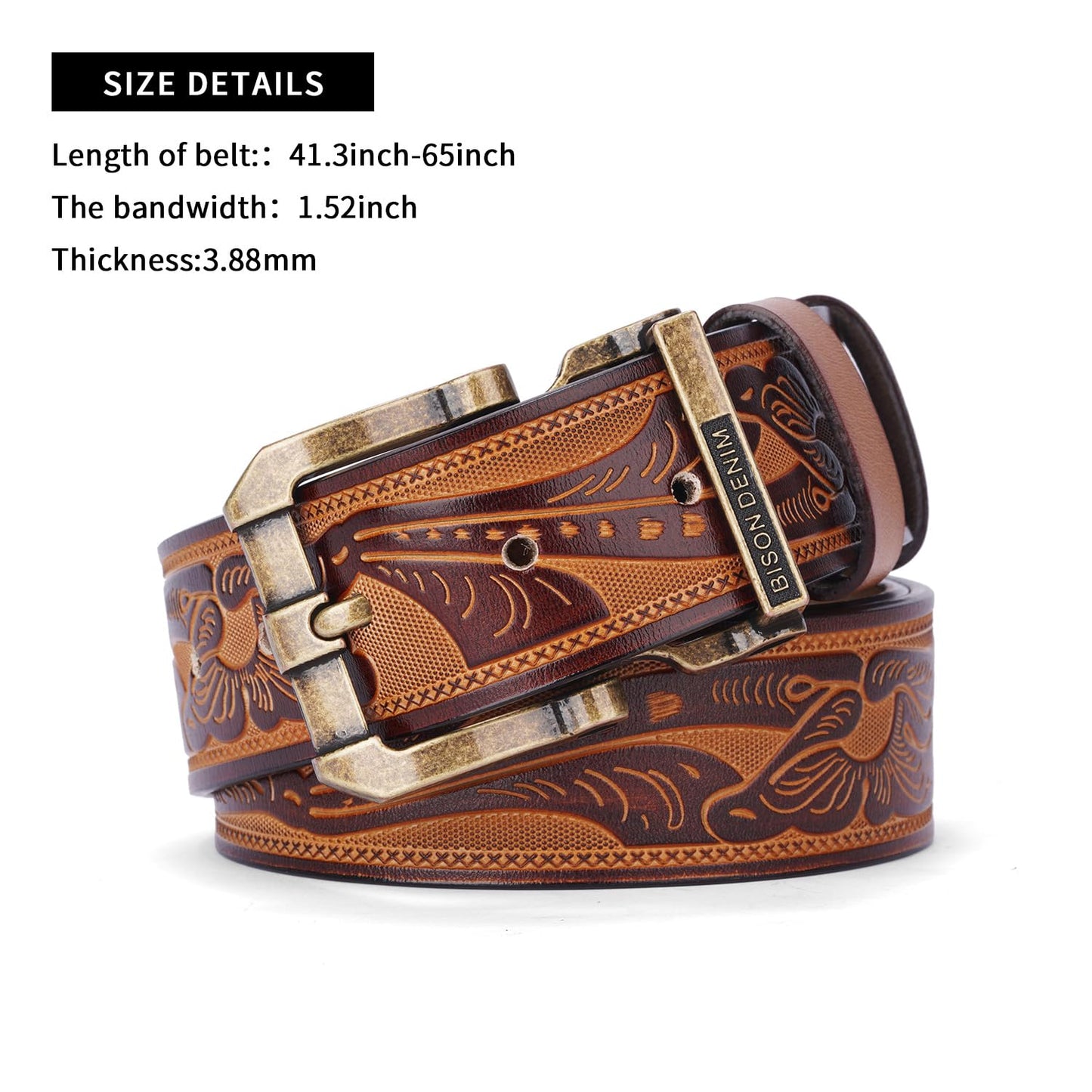 BISON DENIM Men's Genuine Leather Belt, Classic Western Cowboy Dress Belts, Heavy Duty Buckle Jeans Casual Handmade Belt