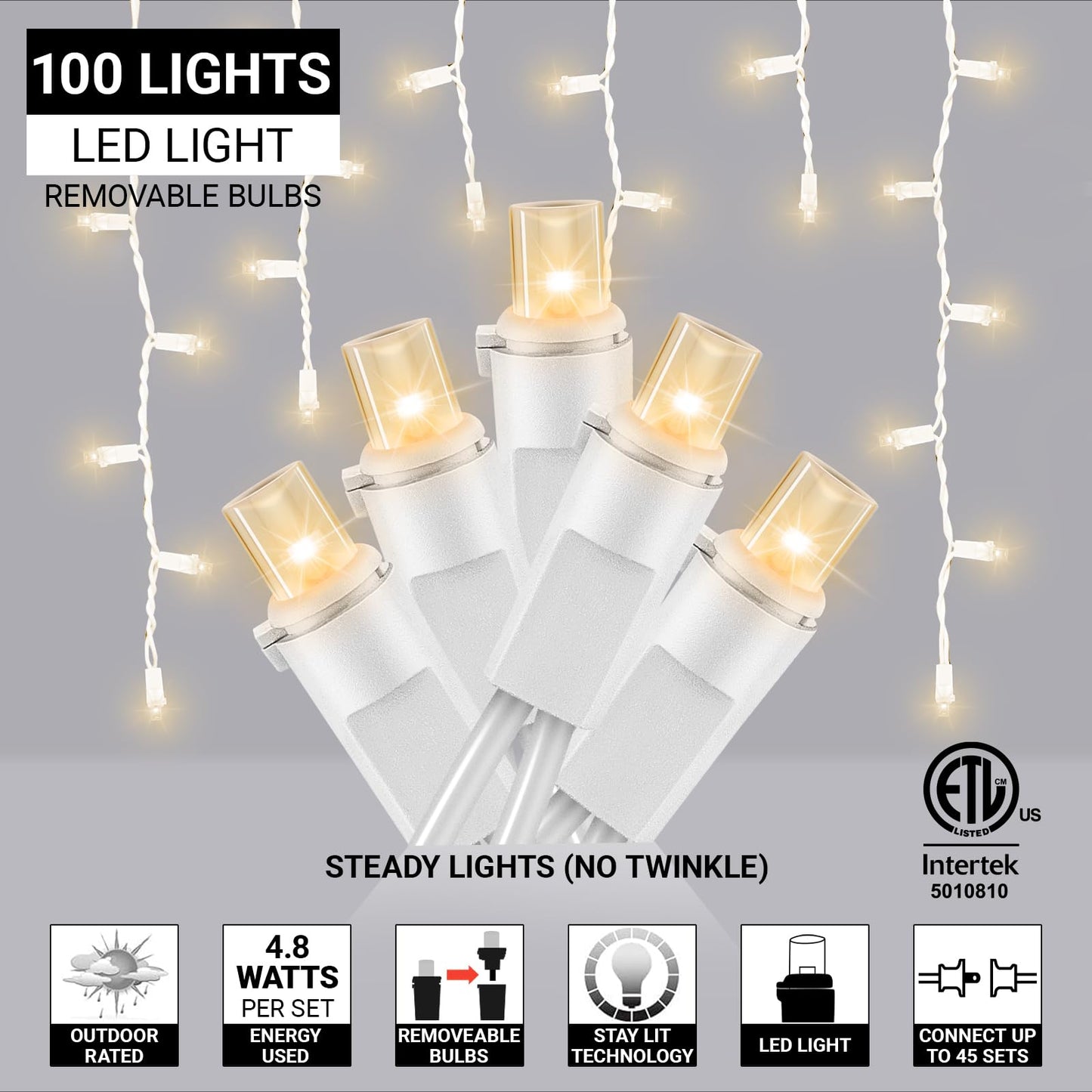 LAMPHOME Warm White Christmas Icicle Lights, 6.2Ft 20 Drops 100LED Connectable Waterproof Lights for Xmas, Thanksgiving Day, Party, Patio, Courtyard, Window, Fence Decor