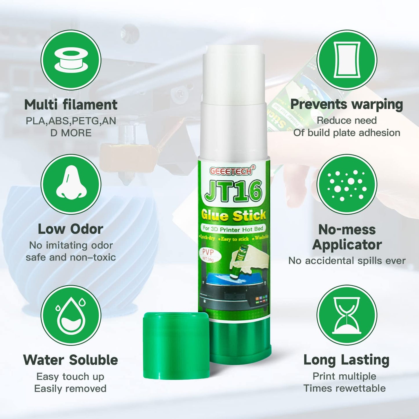 3D Printer Glue Sticks 6-Pack, 1.27oz Each, Strong First Layer Adhesion, Prevents Warping & Shifting, Fits Glass, PEI Sheet, Aluminum Build Plate, Fits PETG, PLA, TPU, ABS Filaments, Easy to Clean