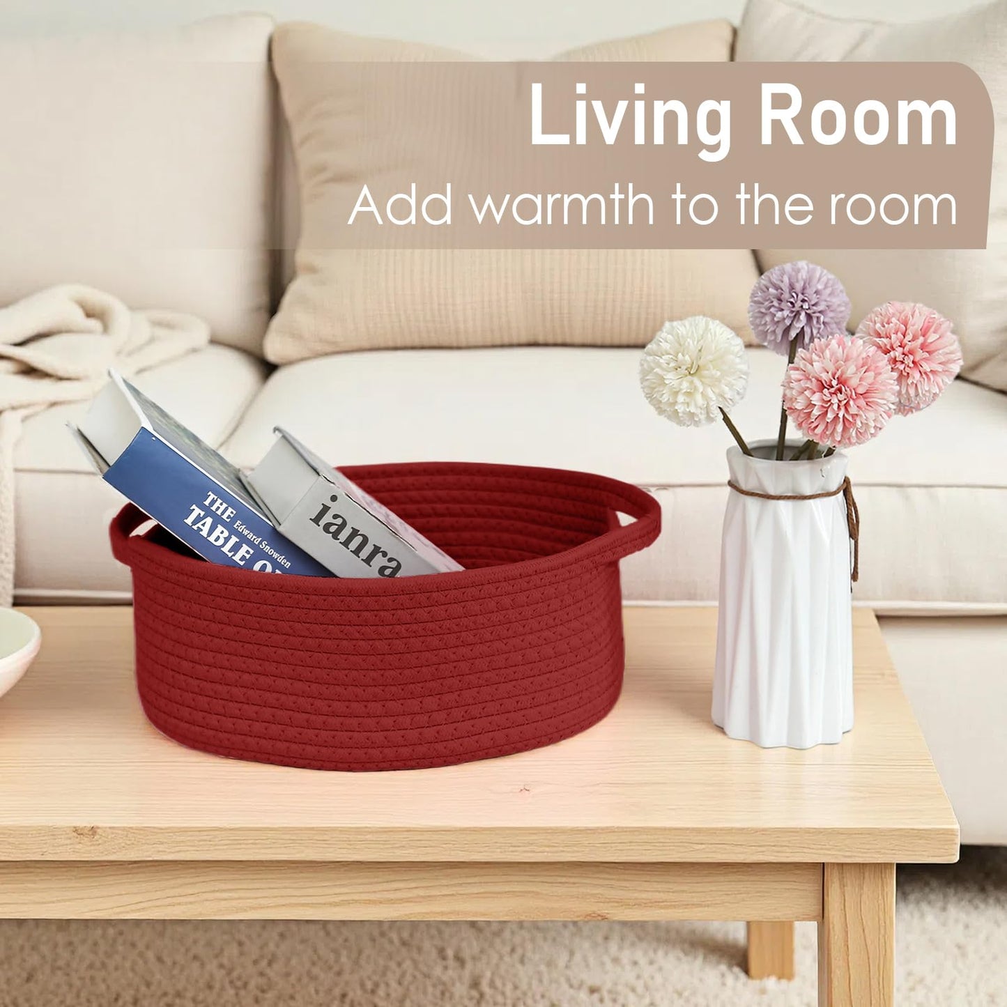 JMvicyroam Woven Basket,Small Rope Storage Bin with Handles & Ribbon Bag, Organizer for Shelves Closets,Gift Basket Empty for Birthday,Books,Dog Toys, Red
