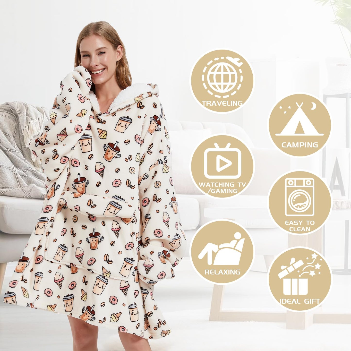 Mewkou Wearable Blanket Hoodie for Adult,Oversized Sherpa Fleece Blanket Hoodie for Women Men,Coffee