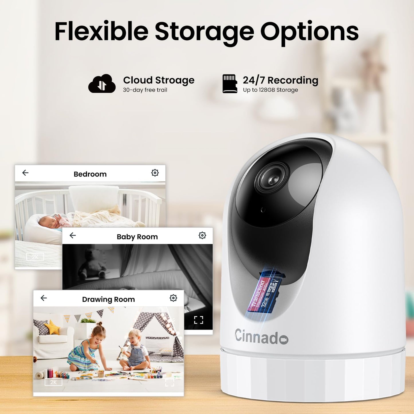 2K Indoor Security Camera-Baby Monitor with 2.4G WiFi Camera and Audio, Siren/Night Vision for Home/Pet/Nanny/Cat, 24/7 SD Card Storage, Cloud (Optional), Compatible with Alexa & Google Home, D1 2P