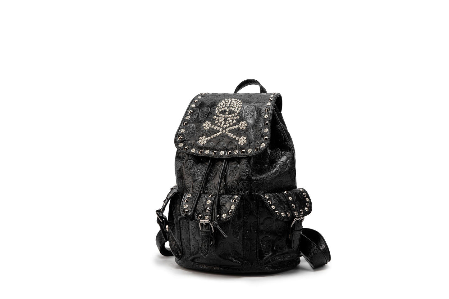 SandraWang ‌Gothic Skull Studded Backpack for Women & Men, Structured PU Leather Punk Bookbag with Drawstring Flap, A4 & Tablet Friendly Alternative Fashion Design