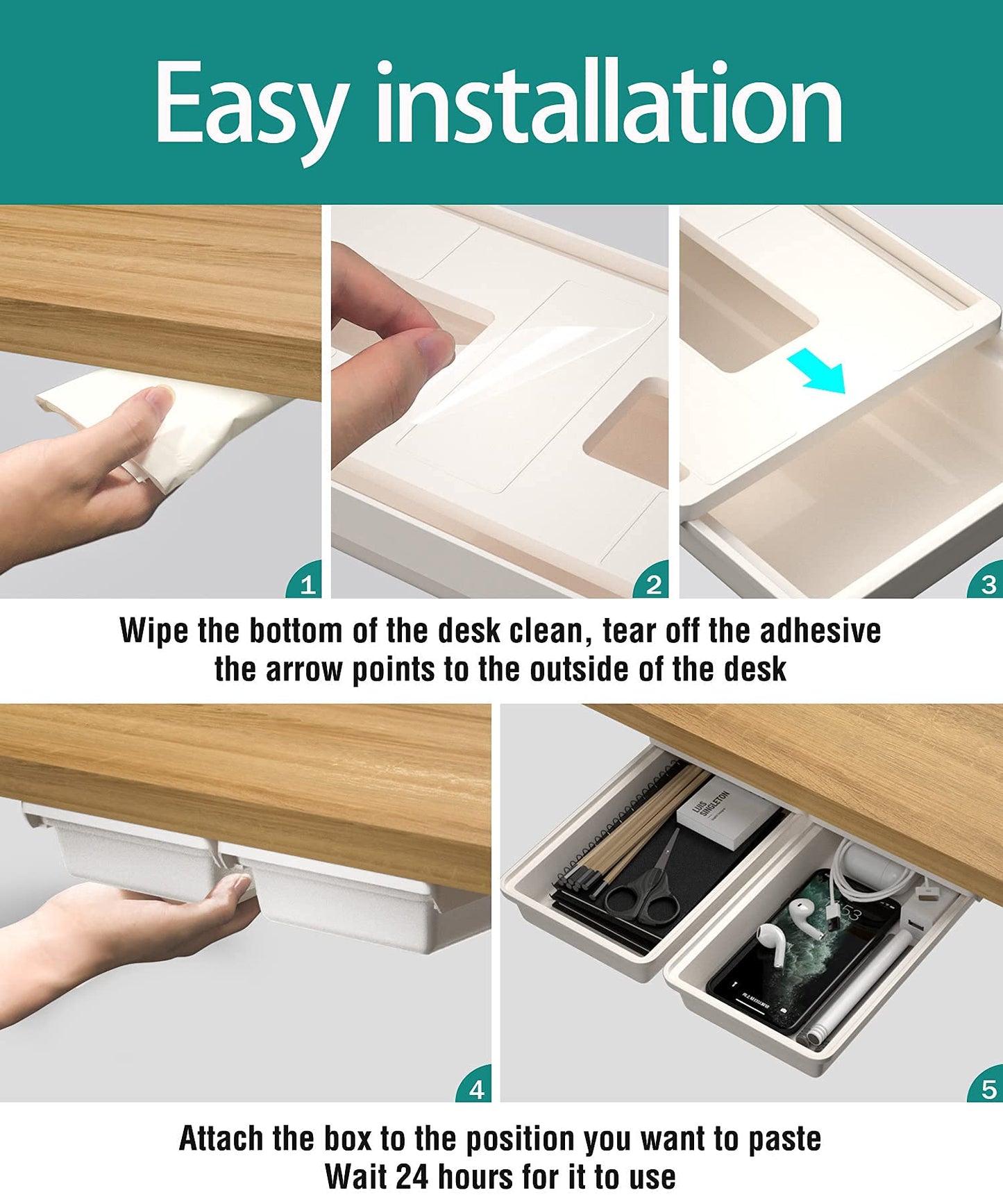 SVNNELP 2Pack Under Table Desk Drawer Storage Organizer Slide Out, Hidden Self-Adhesive Under Desktop Pencil Tray Drawer for Office,Classroom,Kitchen(S/white）