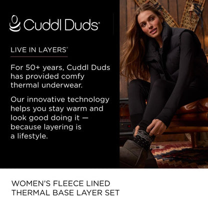Cuddl Duds Womens Heavyweight Fleece 2 Piece Long Sleeve Thermal Underwear Set – Shirt & Leggings Base Layer for Cold Weather – Winter Clothing Long Johns Lounge Sets for Women, Navy Blue, XS