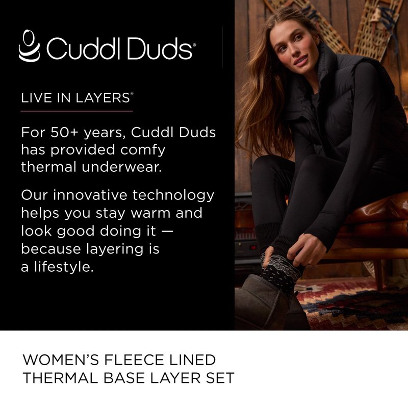Cuddl Duds Womens Heavyweight Fleece 2 Piece Long Sleeve Thermal Underwear Set – Shirt & Leggings Base Layer for Cold Weather – Winter Clothing Long Johns Lounge Sets for Women, Black, XS