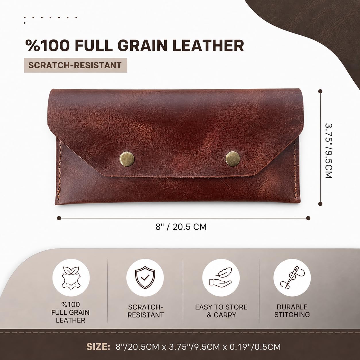 ZEMARS Genuine Leather Cash Envelope Wallet, Two Snap Money Pouch for Men and Women, Reusable Budget Envelope Wallet, Slim Organizer for Cash, Cards, Receipts, Checks and Keys (Cognac)