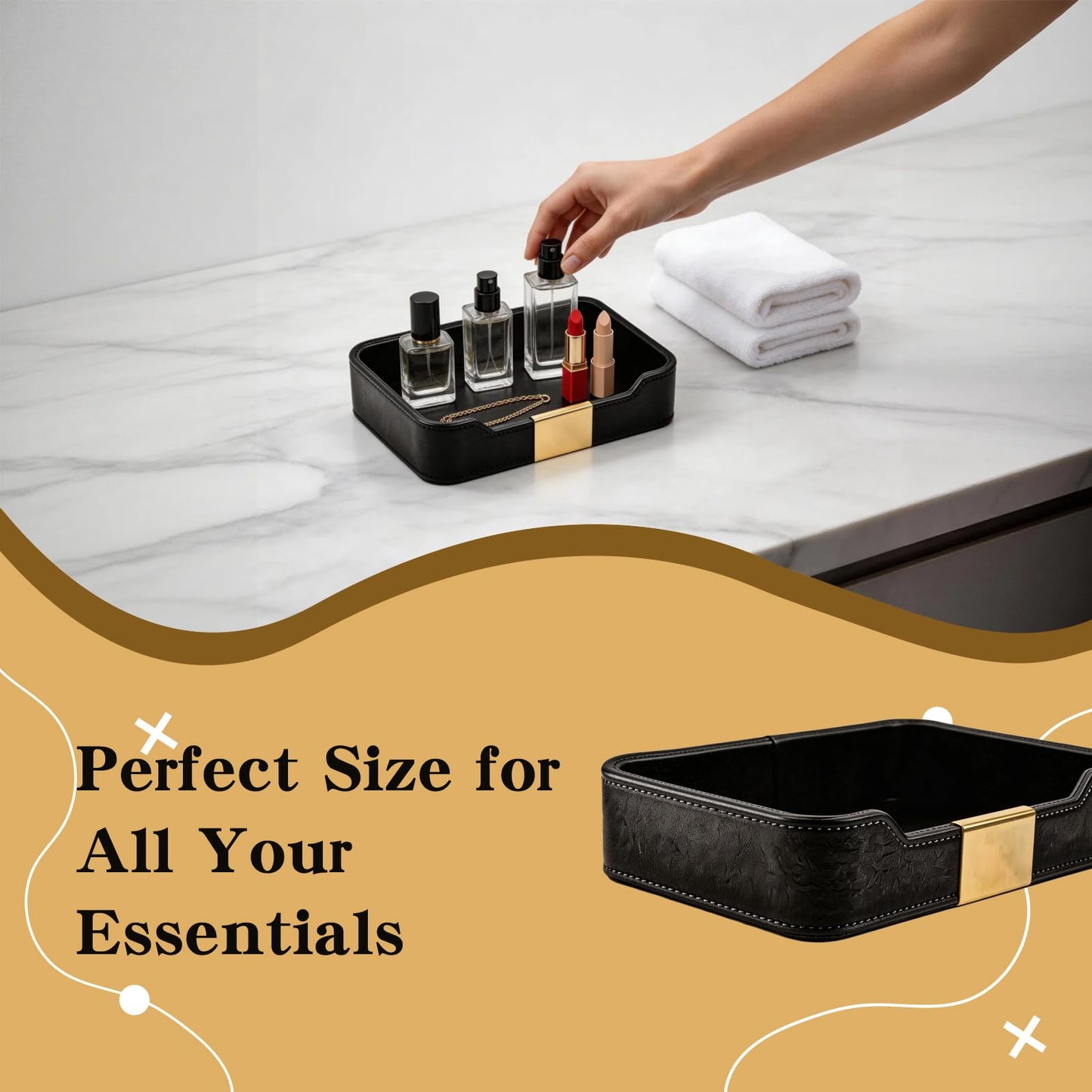 Black Leather Valet Tray - Multi-Use Nightstand Tray, Decorative Tray for Jewelry, Perfume, and Accessories Storage (Black)