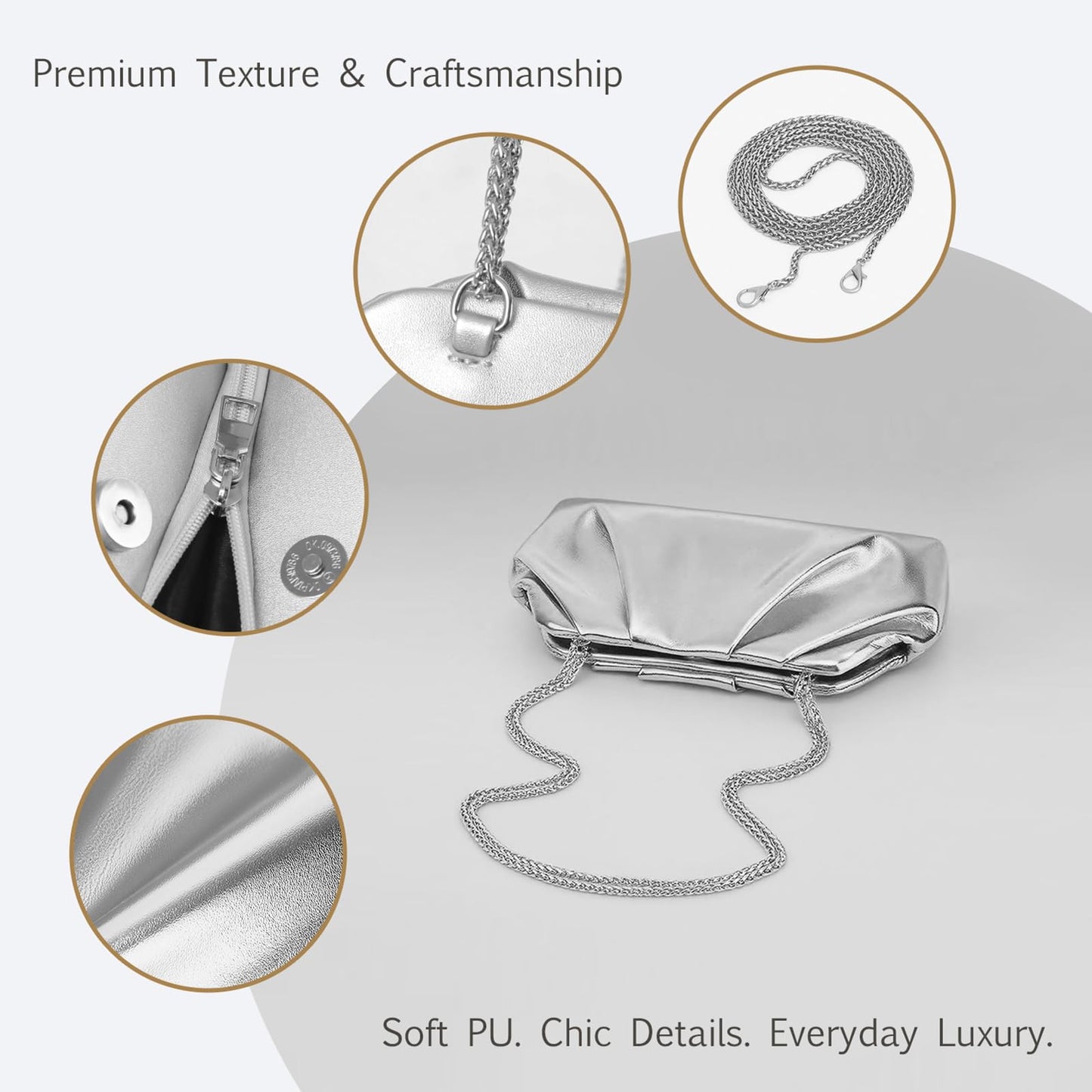Clutch Purses for Women – Elegant Pleated Soft PU Leather Evening Bag with Detachable Chain, Ideal for Weddings & Parties (Silver)