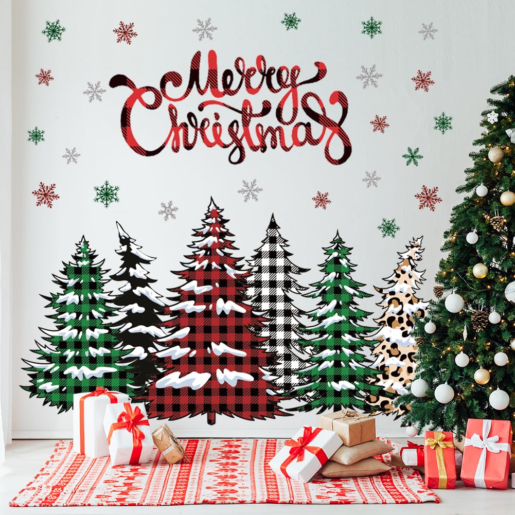 Merry Christmas Wall Decal Buffalo Checkered Christmas Tree Wall Stickers Winter Snowflake Window Clings for Xmas Holiday Festival Party Supplies