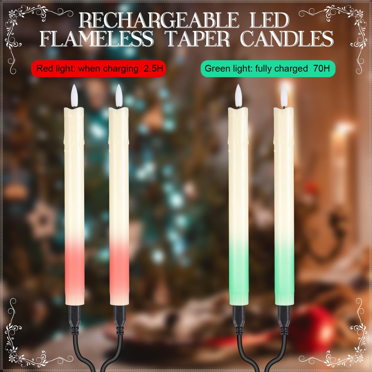 Retisee 4 Sets Rechargeable Flameless Taper Candles with Remote and Timer 9.8" Battery Operated Flickering Pillar Candles LED Dripless Wax Candlesticks for Christmas Home Window Fireplace