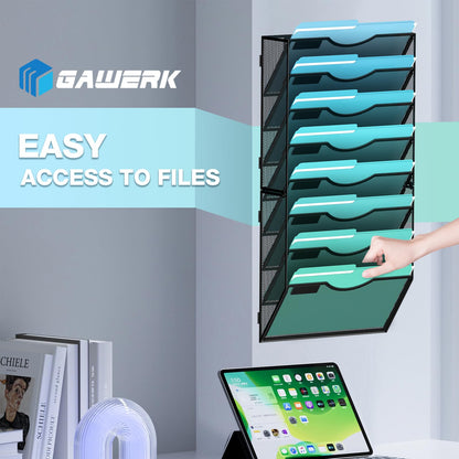 Gawerk 8-Tier Wall File Organizer Hanging Wall File Holder Wall Mount Paper Folder Organize, Mesh Magazine Document Mail Organizer Wall Organizer for Office School Home, Black
