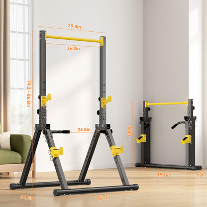 DlandHome Foldable Power Tower Pull Up Bar Dip Station, Adjustable Height Multifunction Workout Pull Up Tower Station for Home Gym, Strength Training Equipment, Triangular Legs, Up to 330lbs, Yellow