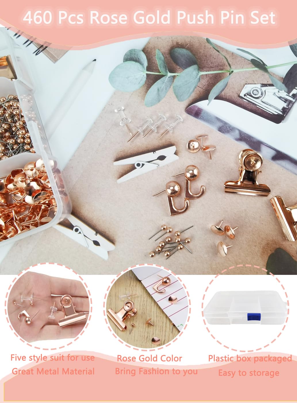 460 Pcs Push Pins Set, 5 Style Rose Gold Push Pin Hooks Push Pin Clips Thumb Tacks Set for Cork Board Office Stocking Stuffers (Rose Gold)