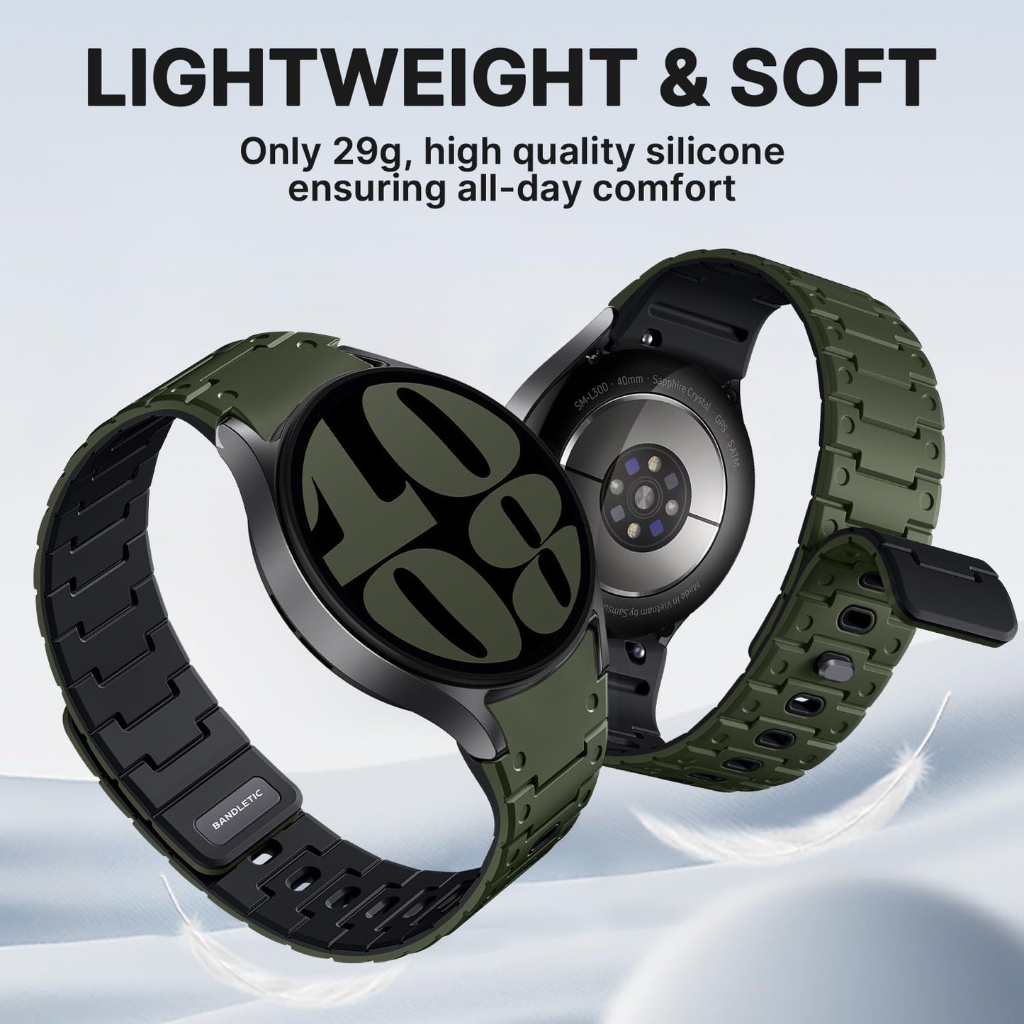 Bandletic Silicone Magnetic Band Compatible with Samsung Galaxy Watch 7 6 5 4 FE 40mm 44mm/Watch 6 4 Classic 43mm 47mm 42mm 46mm/Watch 5 Pro 45mm, 20mm No Gap Soft Sport Strap for Men Women