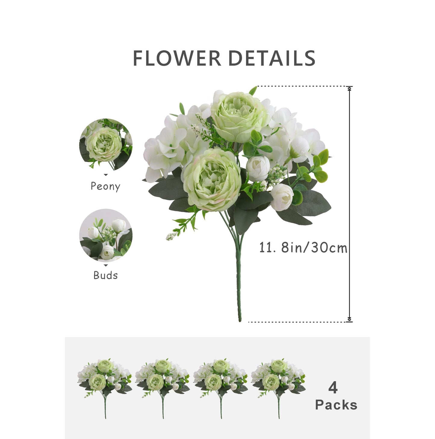 karoro 4 Bunches Peonies Artificial Flowers, Silk Peonies Flowers Fake Bouquet Faux Floral Arrangements for Centerpiece Table Wedding Party Home Decor (4, Green White)