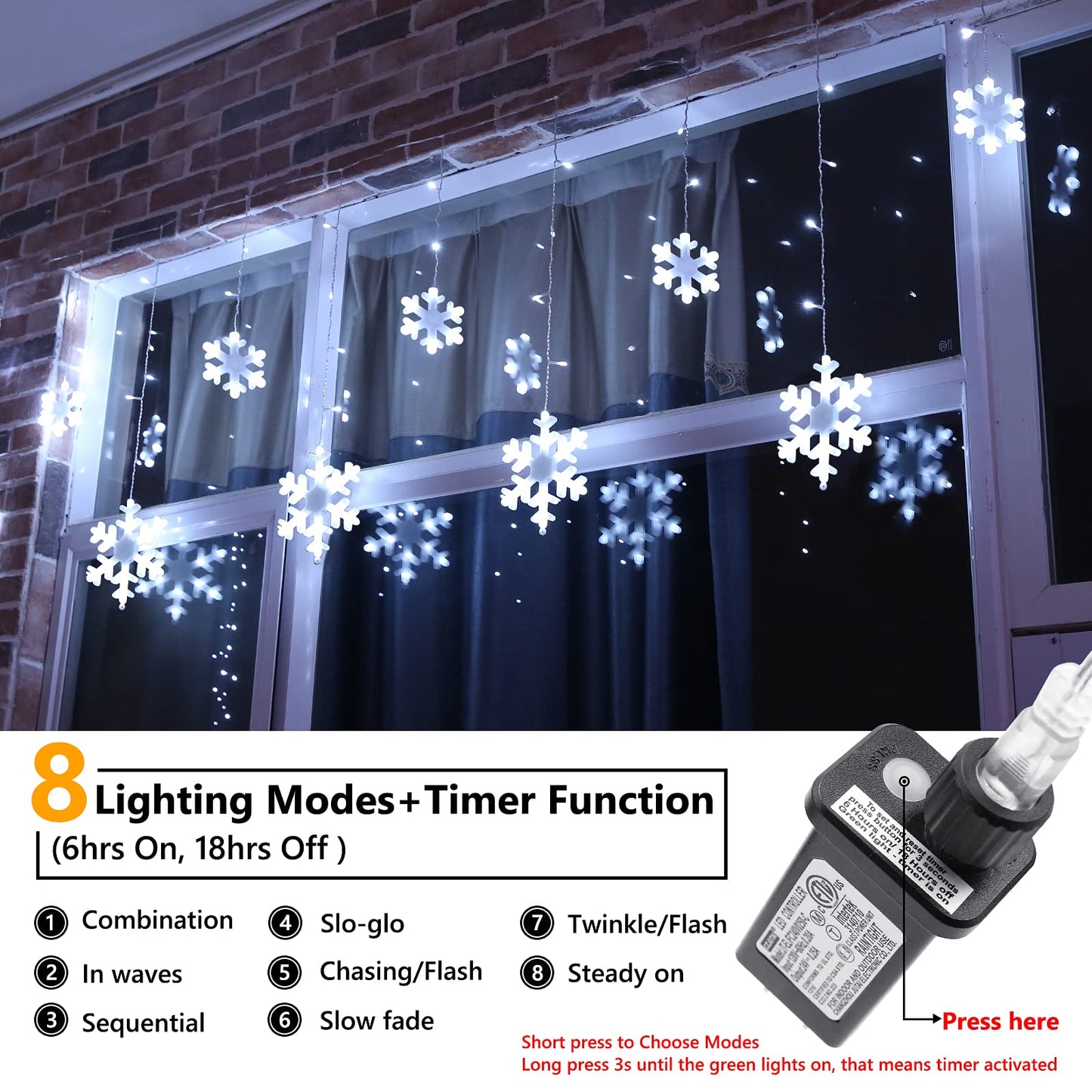 Toodour Christmas Snowflake Lights Outdoor, 17.22ft 264 LED Snowflake Icicle Lights with 22 Drops, Connectable, 8 Modes Waterproof White Christmas Light for Curtain, Eaves, Window, Xmas Decorations