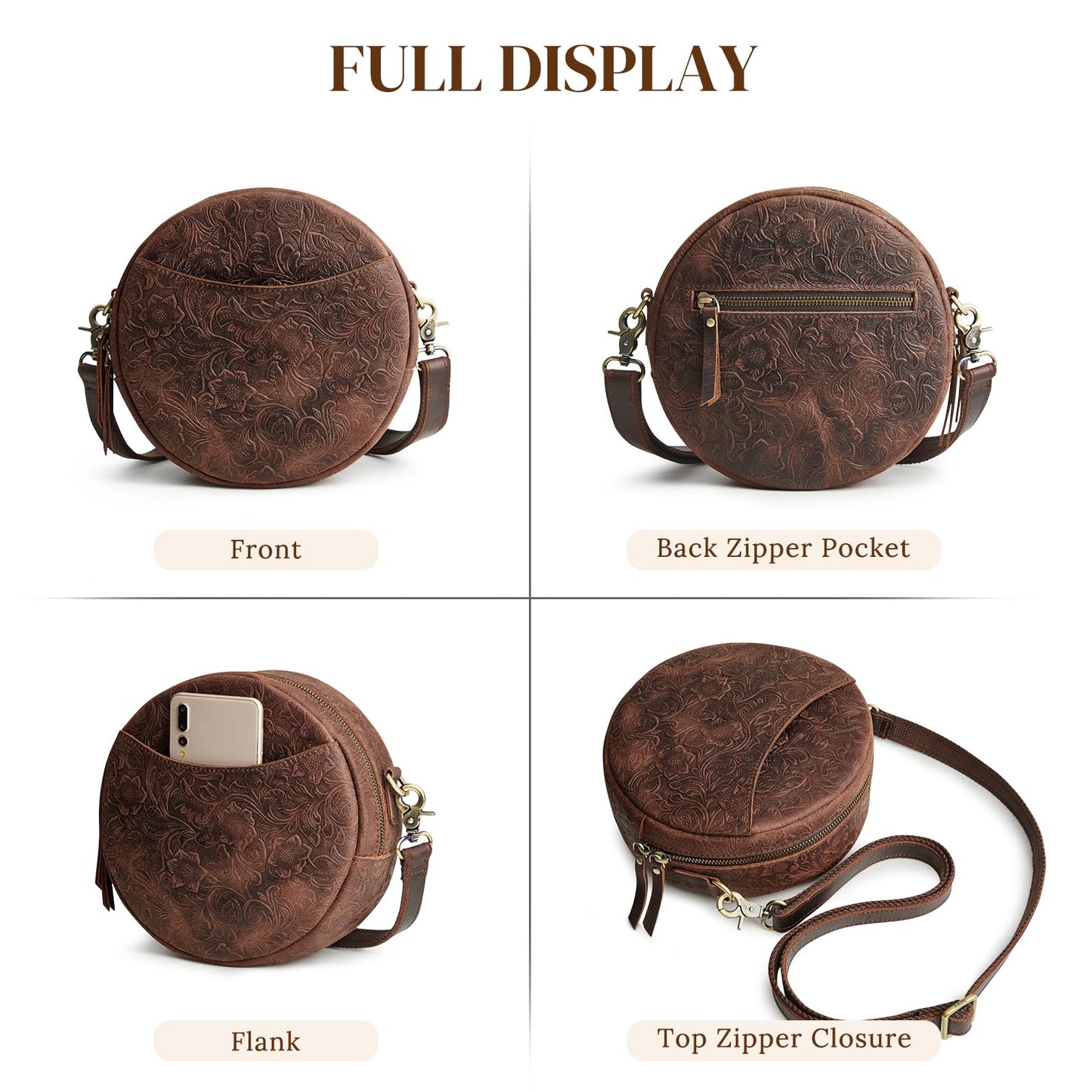 S-ZONE Leather Crossbody Bags for Women Trendy Circle Cross Body Shoulder Bag Designer Round Purses