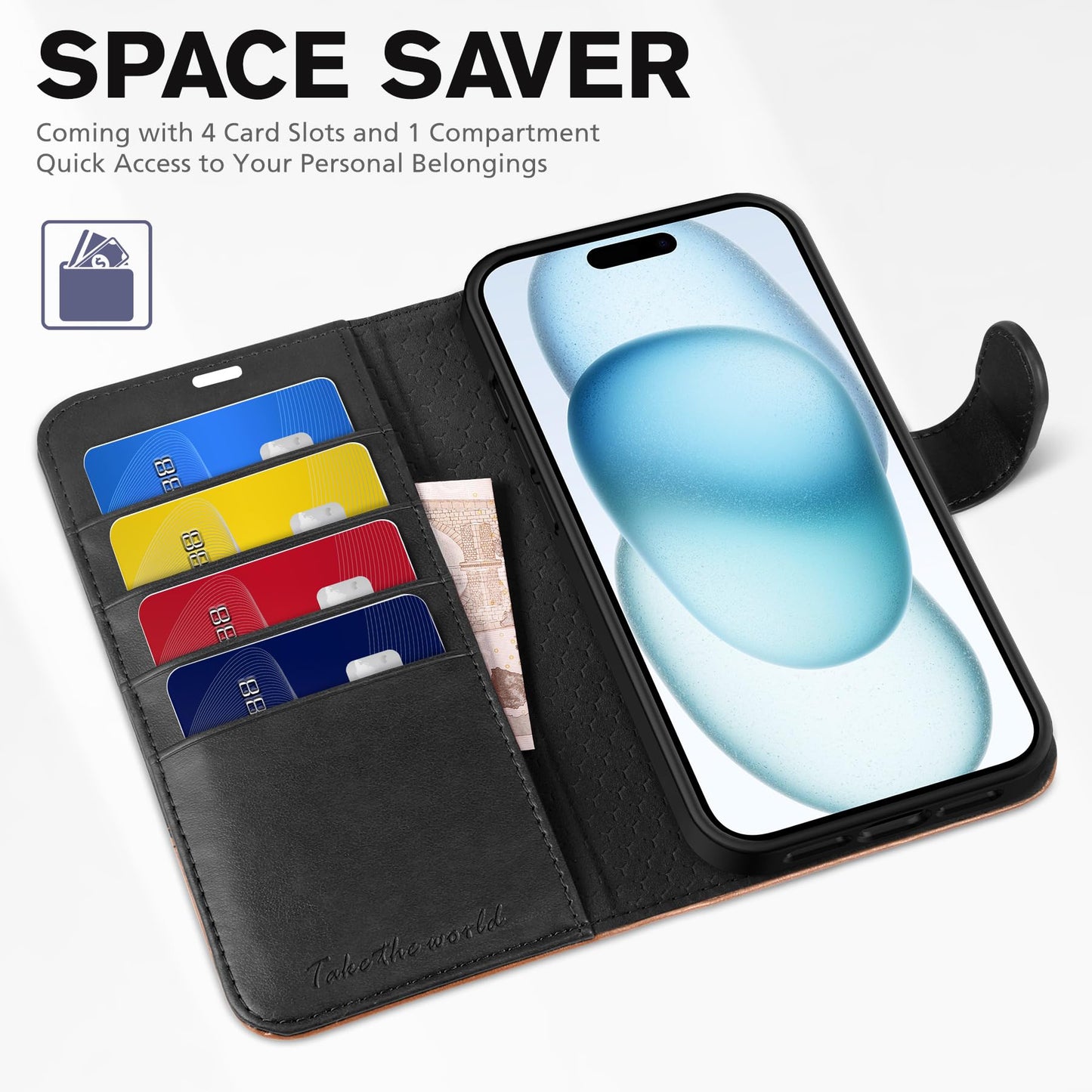 TUCCH Wallet Case for iPhone 15 5G, [RFID Blocking] 4 Card Slot Holder Kickstand [Shockproof TPU Interior Case], PU Leather Magnetic Flip Cover Compatible with iPhone 15 6.1" 2023, Black & Brown