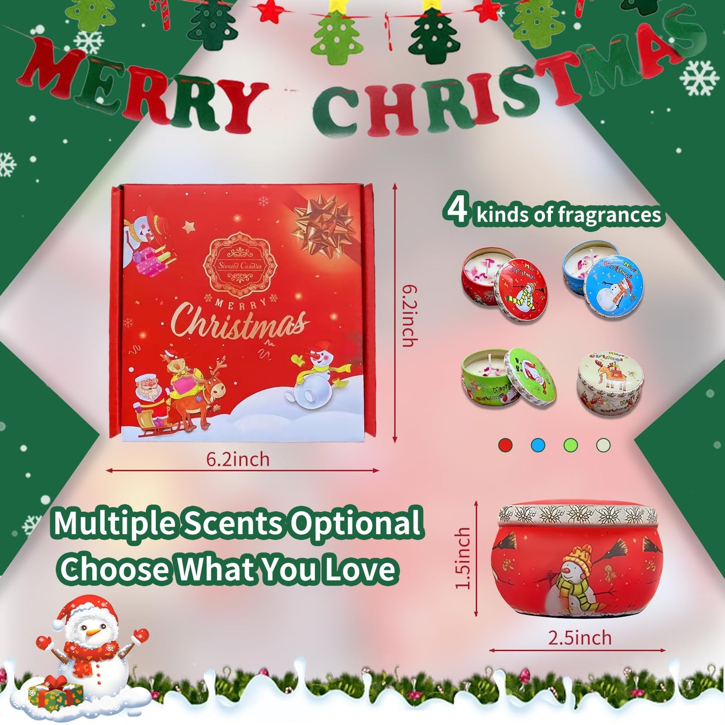 Christmas Scented Candles Gift Set, Holiday Aromatherapy Candles, 4 Decorative Jars in Green, Blue, White with Festive Box, Perfect for Home, Christmas, Thanksgiving (Christmas, 4)