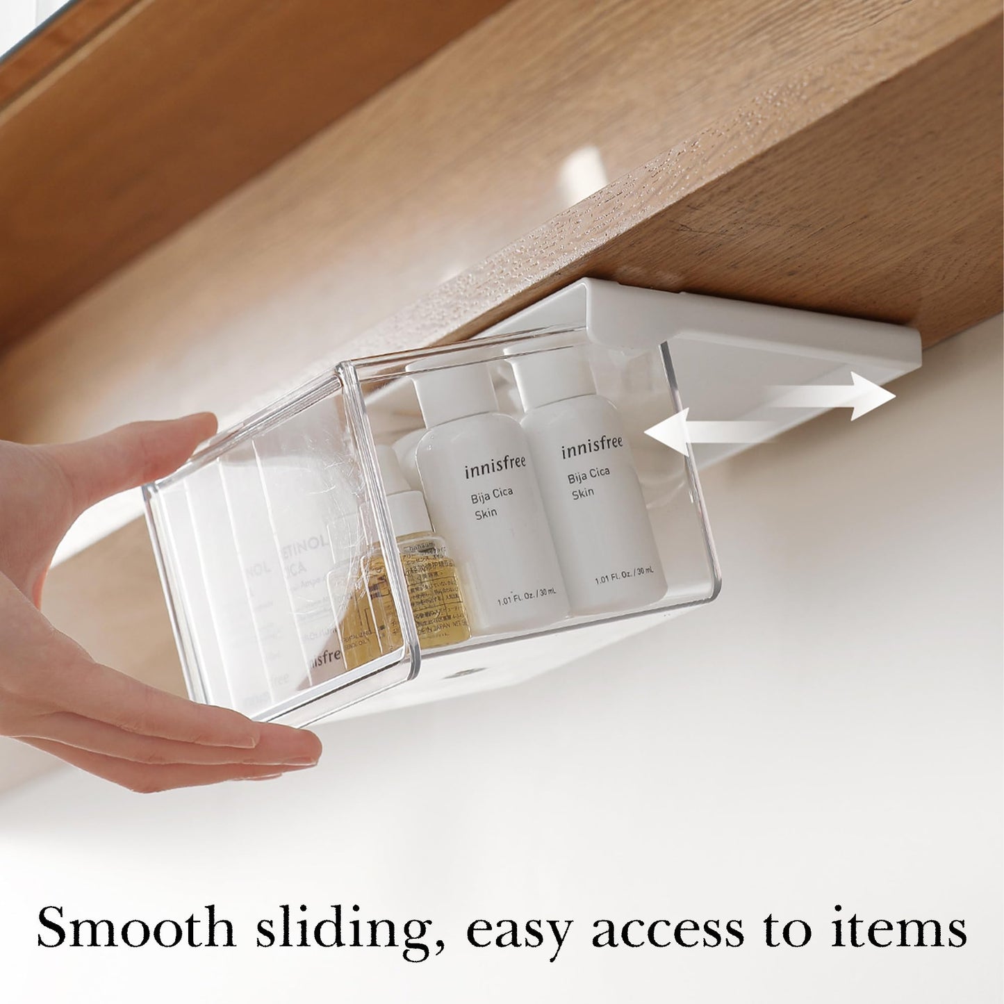 LUWOO 2 Pack Self-Adhesive Under Desk Drawers, Slide Out Storage Organizer for Under Table and Mirror Cabinet, Clear Dispenser Box for Holds Cotton Swabs, Floss Picks, Hair Clip, Rubber Band