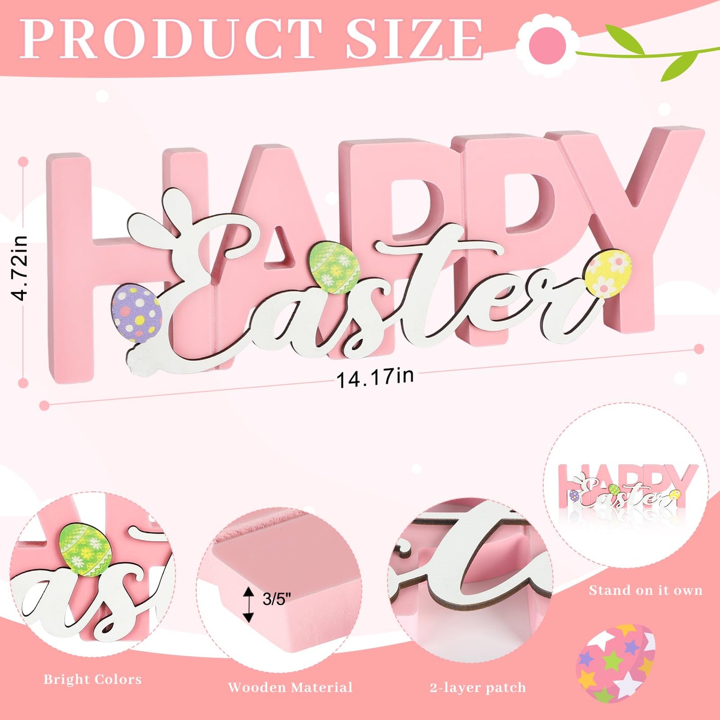 COCHIE Wooden Happy Easter Sign, Spring Decorations for Home, Office, Shelf, Mantel, Indoor, Wood Bunny Ear Egg Decor, Pink Spring Table Top Party Supplies Decoration (Easter)
