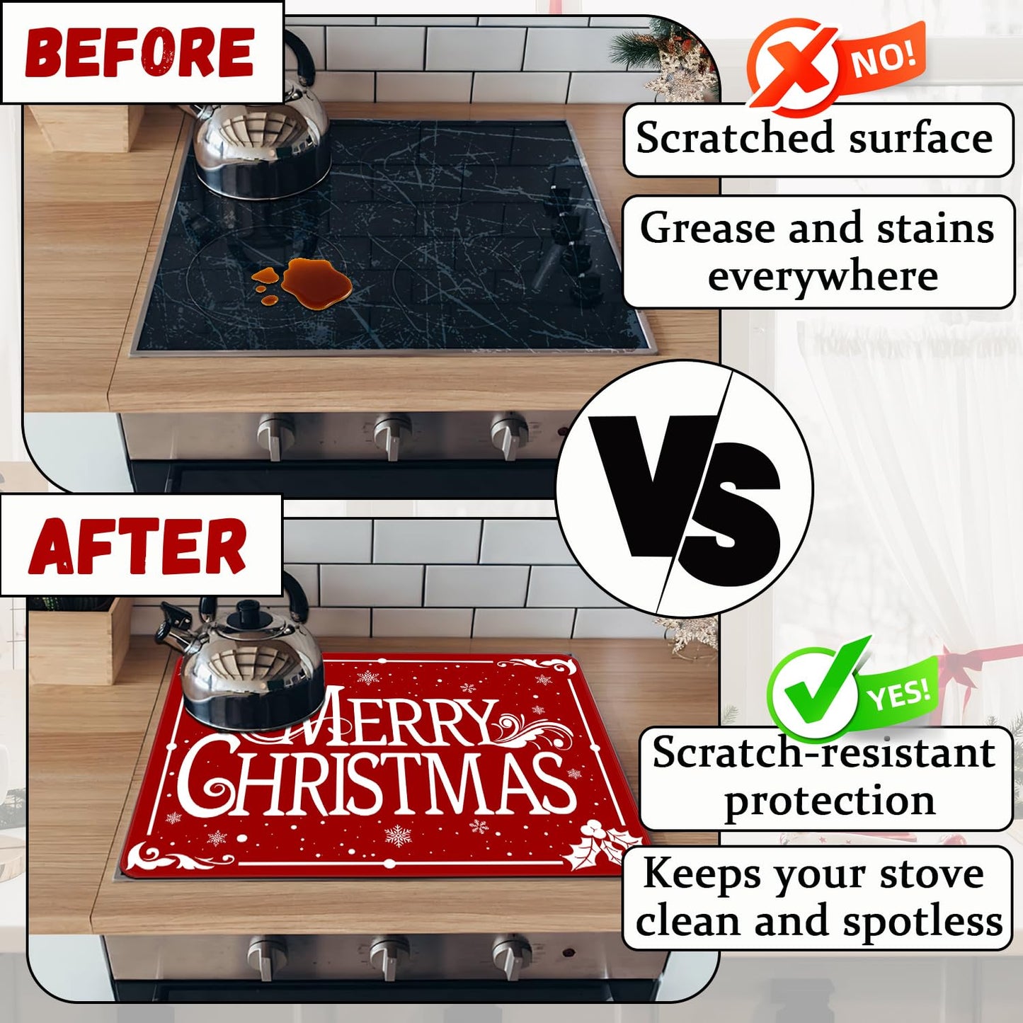 Christmas Stove Top Cover for Electric Stove, Merry Christmas Range Covers, Snowflake Range Top Mats, Glass Cooktop Covers 28x20 inch, Red Cooktop Cover for Kitchen Winter Holiday Home Decor