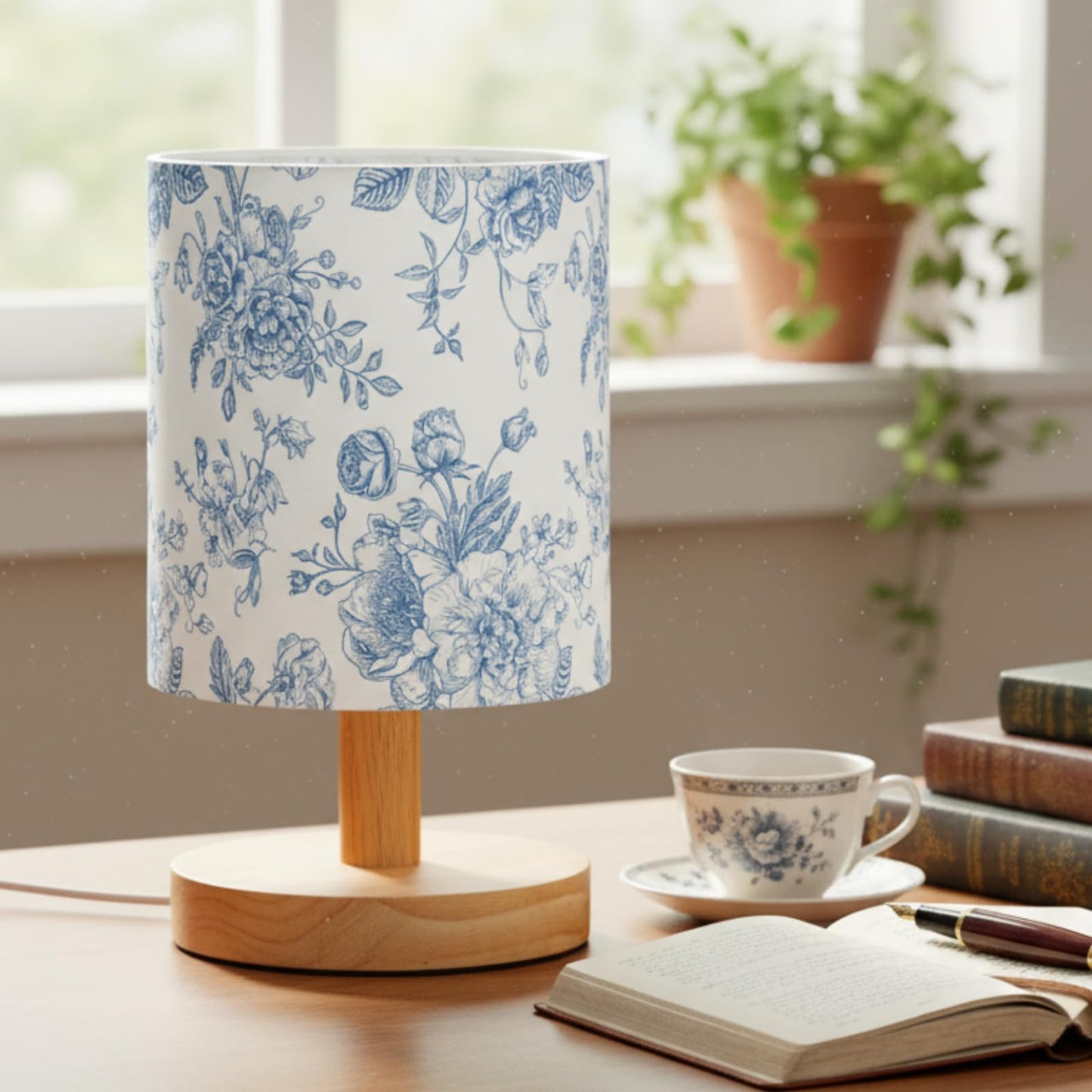 VIHOSE Blue Floral Kids Table Lamp for Bedroom Kids Bedside Lamp with Linen Wooden Nightstand Cartoon Nursery Lampshade for Girls Boys Living Room