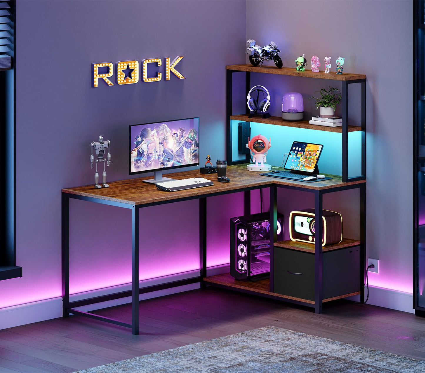 HOOBRO L Shaped Gaming Desk, 46 Inch Reversible Computer Desk with LED Light & Power Outlet, Office Desk with Storage Shelves & Drawer, for Home Office, Study, Rustic Brown and Black BF18UDDN01