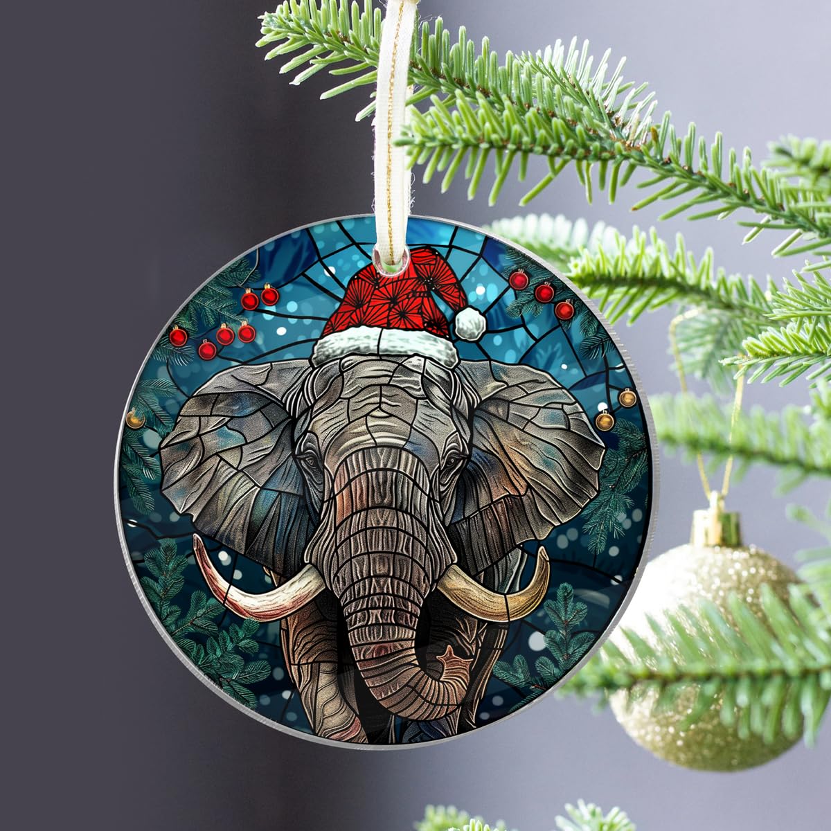 Fastpeace Elephant with Santa Hat Christmas Ornament - Stained Glass Style - Perfect Hanging Decoration for Tree - Gift for Family, Friends (Acrylic)