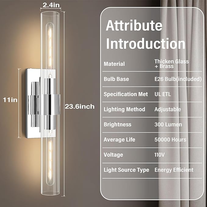Chrome Wall Sconces Set of 2, 22.8" Bathroom Sconces, Indoor Sconces Lighting with Glass, Nickel Vanity Lights with Tube, Dimmable Bedroom Bedside Wall Light for Dressing Table Staircase