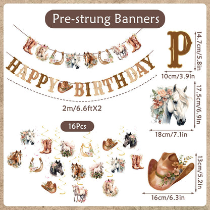 OBBOLO Horse Birthday Decorations for Girls, Brown and Pink Horse Cowgirl Party Decorations with Cowgirl Hanging Swirls, Happy Birthday Banners, Western Party for Women