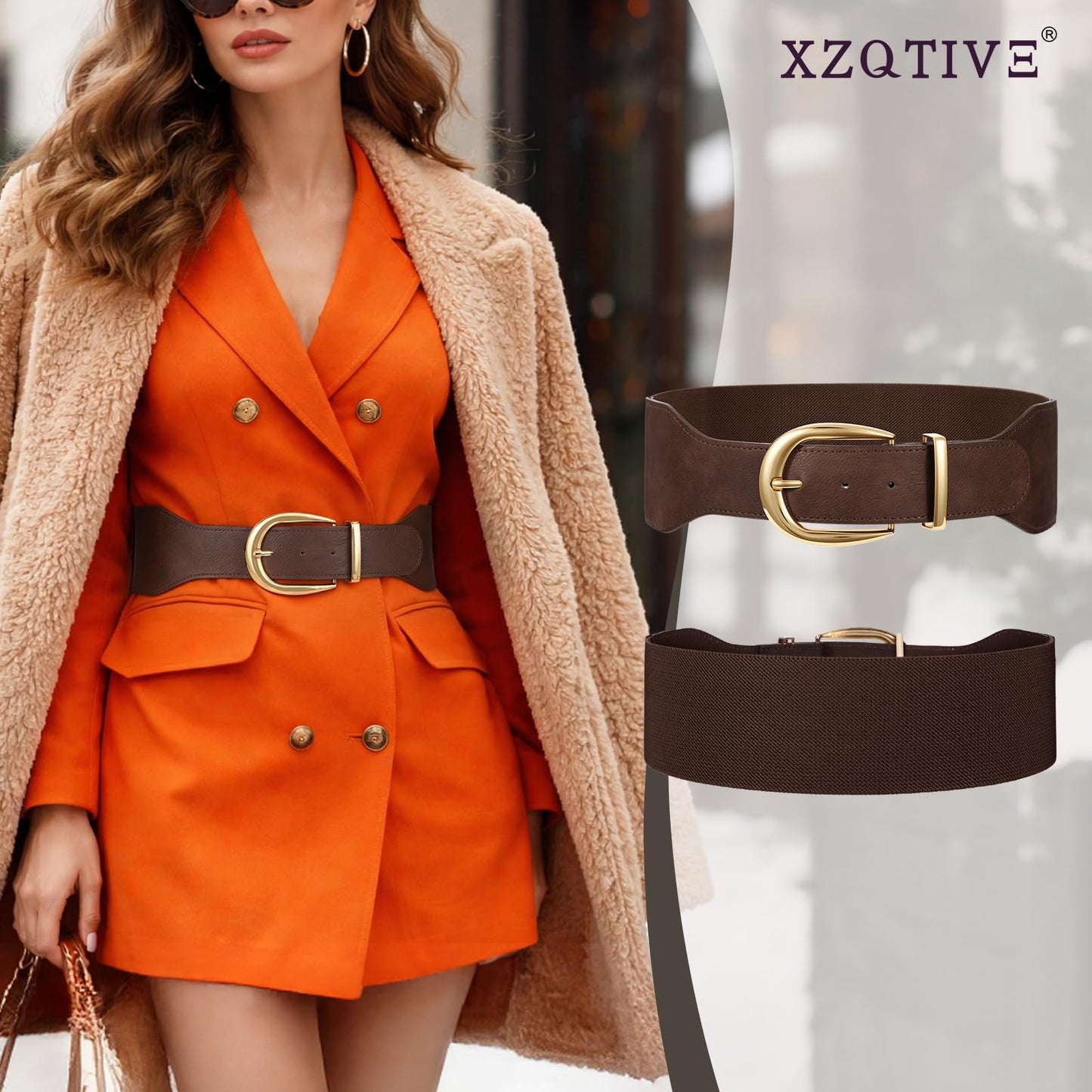 XZQTIVE Women Wide Elastic Waist Belt for Dresses Fashion Cinch Belts Stretchy Waistband with Gold Buckle, Chocolate Brown(Fit Waist Size 38"-42")