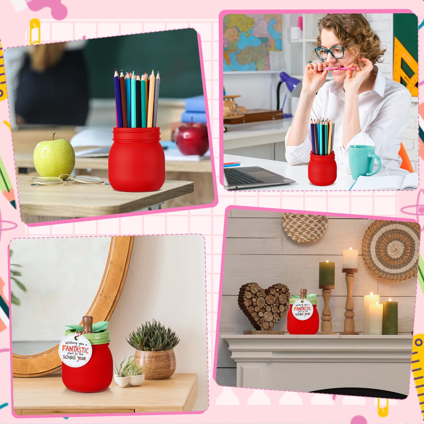 Mimorou 6 Pcs 8 oz Christmas Apple Gifts for Teacher Apple Containers Gift Candy Boxes Mason Glass Jar with Lid for Teacher School Classroom Table Wedding Party Decoration