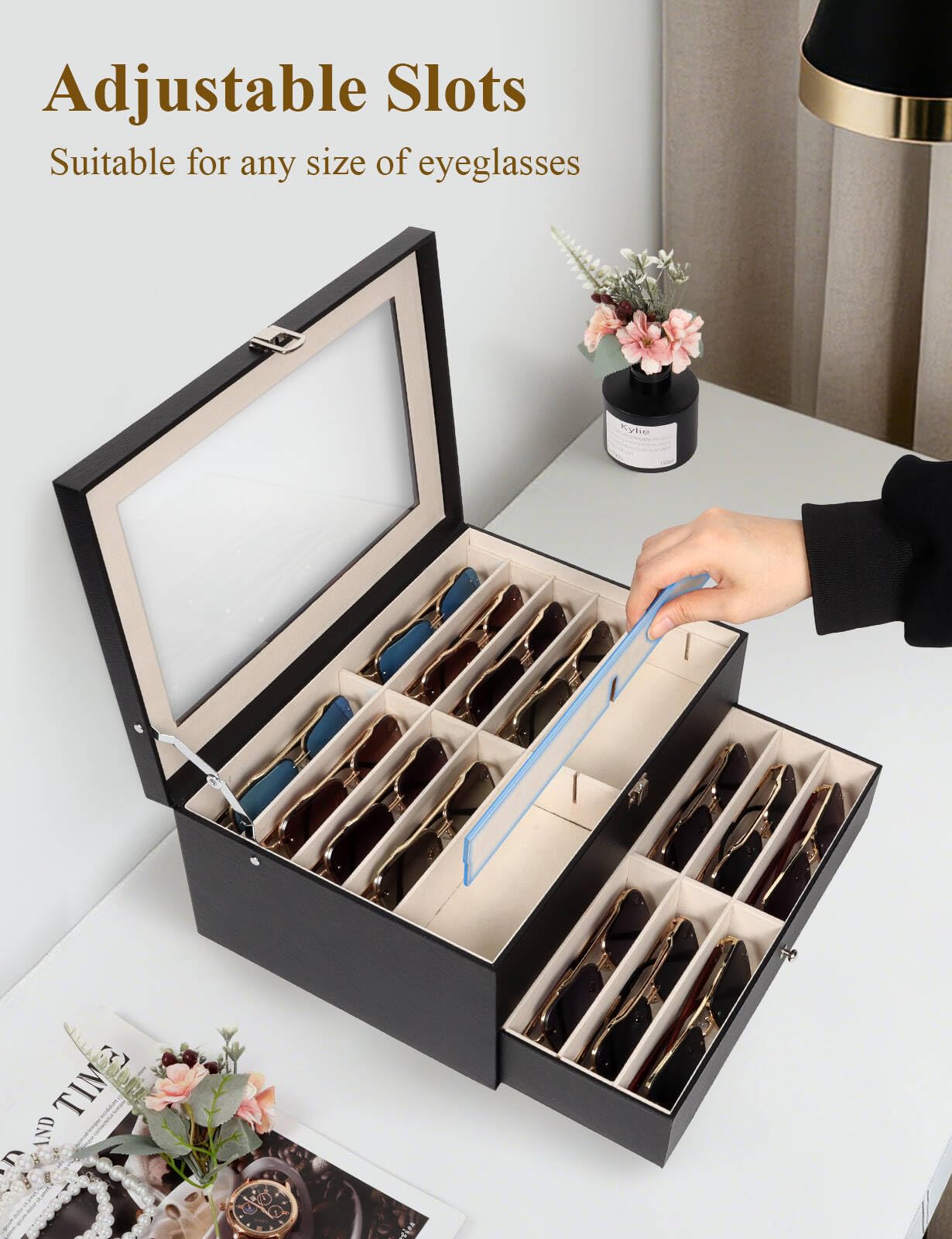 Huvon Sunglasses Storage Organizer Case with 24 Adjustable Slots, 2 Layer Multi Eyeglass Glasses Display Box with Lid Women