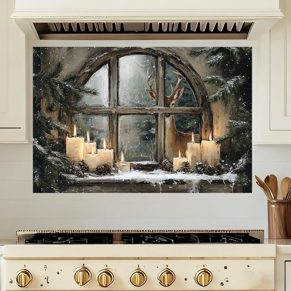 WDESYADMS 35.5x23.6 Inch Winter Window Scene Wall Decals PVC Candle Pine Cones Deer Artwork Peel and Stick Decorative Film for Home Cooking Area Backsplash Stovetop Space Holiday Seasonal Style