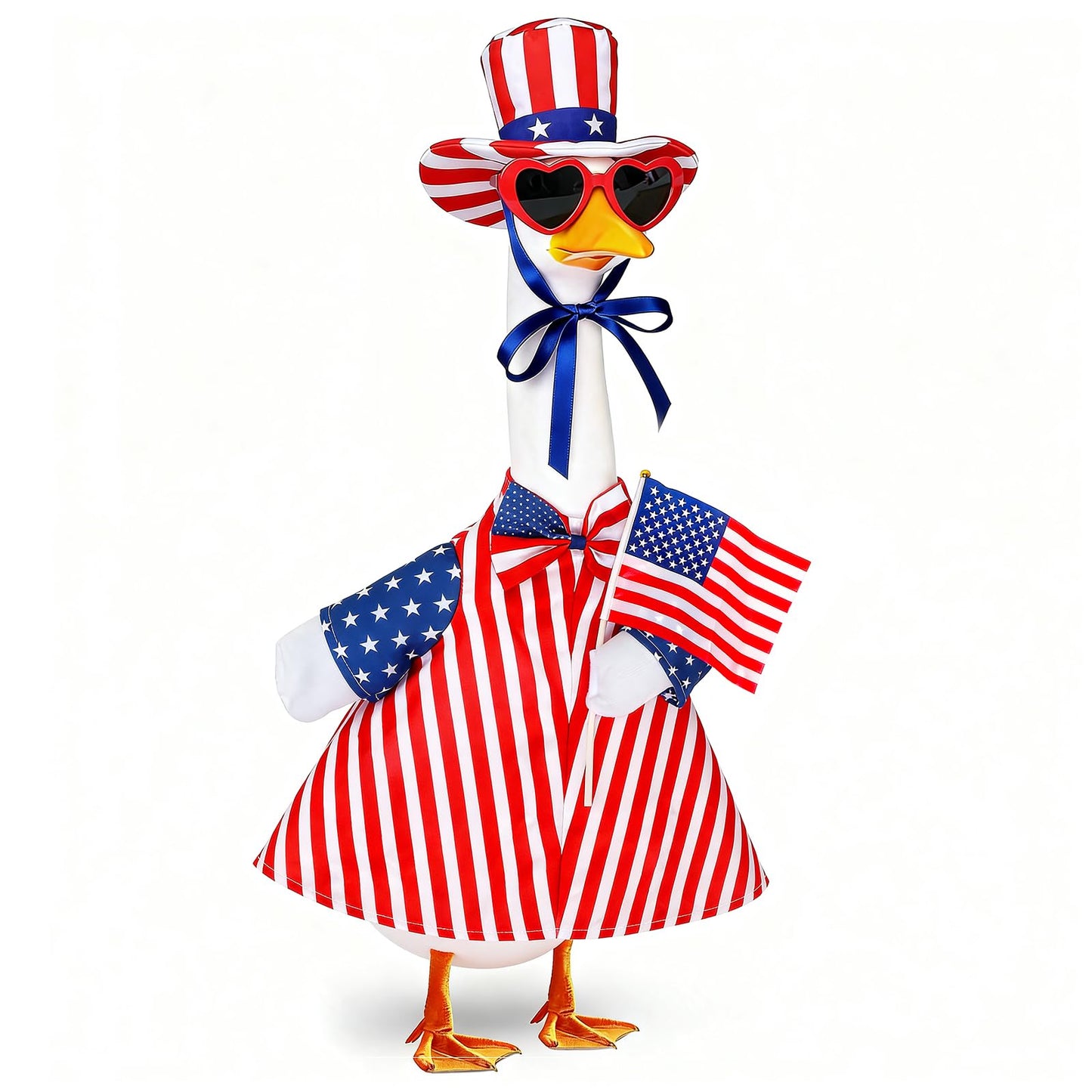 bomis 4th of July Patriotic Porch Goose Outfits for 23 Inch Lawn Statue – Independence Day Goose Costume with Red Heart Sunglasses, Star Stripe Hat, Handheld American Flag, US 250th Anniversary Decor