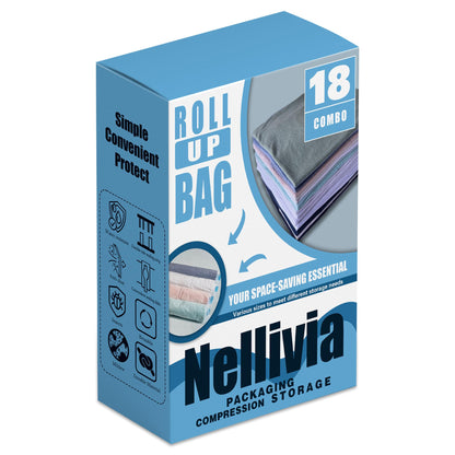 Nellivia 18 Pack Compression Bags for Travel, Roll Up Space Saver Bags for Clothes Storage, Compact Packing travel organizer for Luggage, Suitcase, Backpack, No Pump or Vacuum Needed
