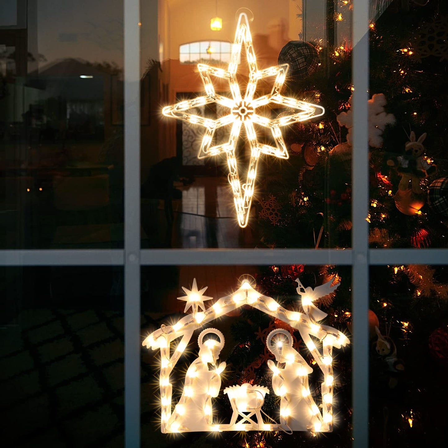 Xmasnova 2 Pack Christmas Window Lighted Decorations,Christmas Window Silhouette Lights,Double Side Christmas Sign Lamp Decoration for Holiday Indoor Wall Door Glass Decorations,Polaris,Nativity