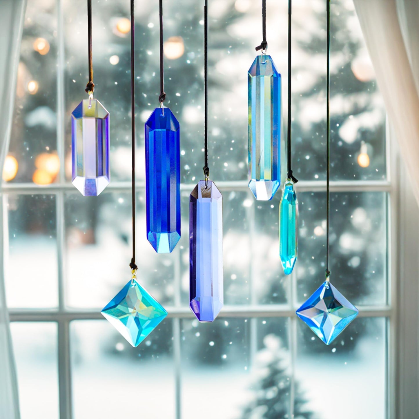 HDCRYSTALGIFTS Crystal Prisms Suncatchers for Window Hanging, 7PCS Blue Dreams Suncatcher Gift for Mom Women Rainbow Maker Sun Catcher Indoor Window Home Garden Christmas Tree Decor