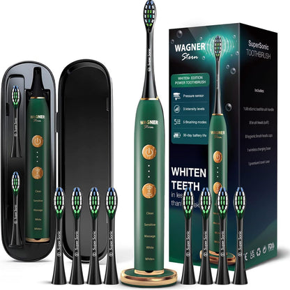 Wagner & Stern WHITEN+ Edition. Whitening electric toothbrush with pressure sensor. Offers 5 brushing modes, 3 intensities, 8 soft brush heads, and a luxury travel case. (Green)