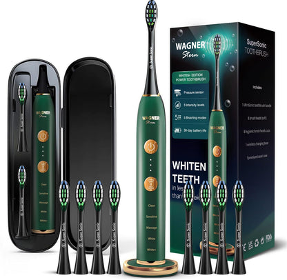 Wagner & Stern WHITEN+ Edition. Whitening electric toothbrush with pressure sensor. Offers 5 brushing modes, 3 intensities, 8 soft brush heads, and a luxury travel case. (Green)