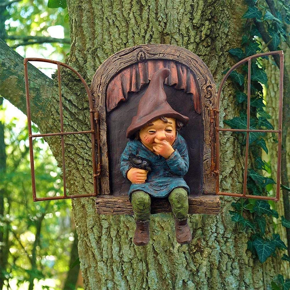 vomiceak Whimsical Fairy Garden Gnome Statue, Tree Faces Decor Outdoor -5.9 Inch, Funny Garden Tree Decoration,Ideal Patio Yard Lawn Porch Decoration