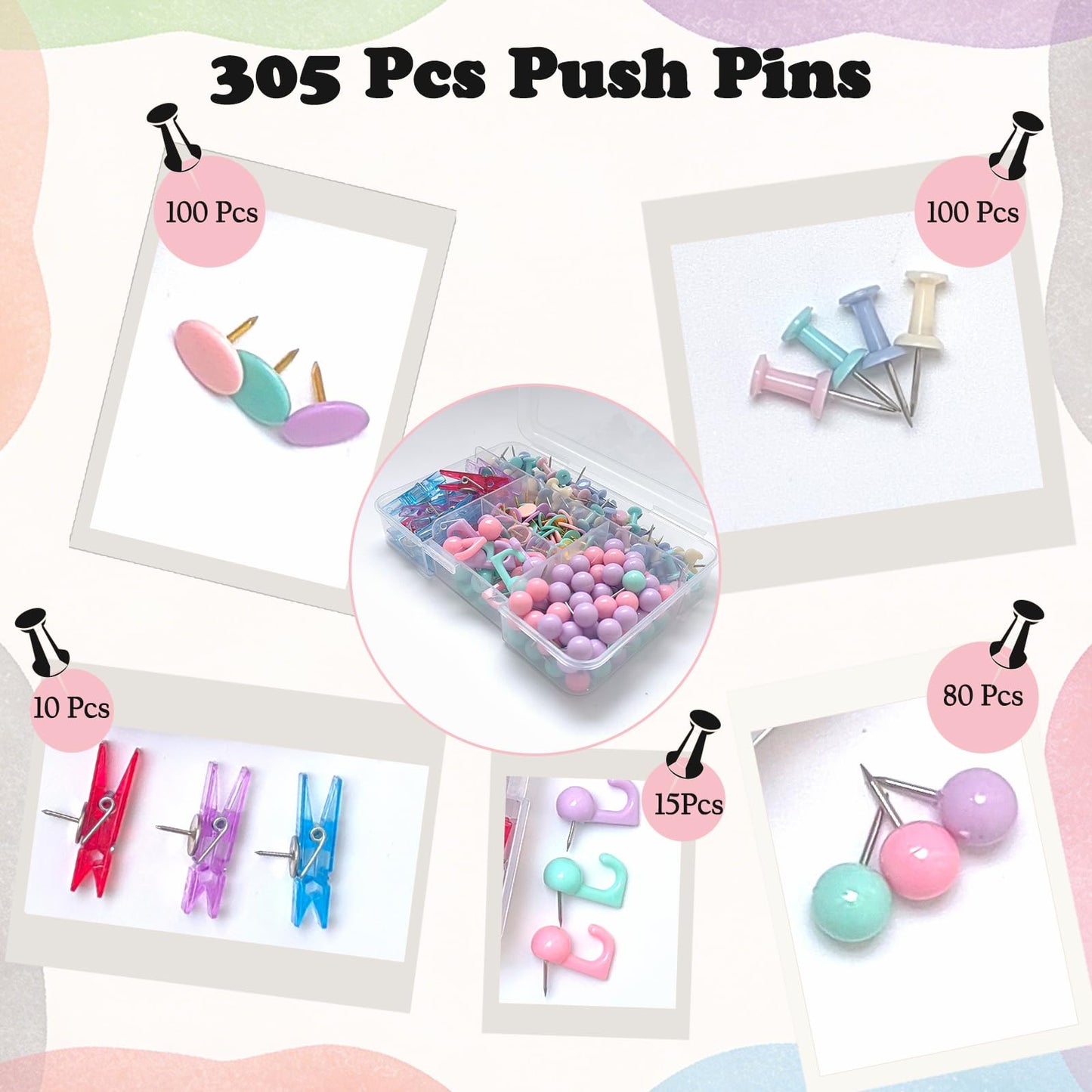 Push Pins Set,Thumb Tacks 305 Pcs Colourful Decorative Push Pins, Thumbtacks Use for Cork Board,Bulletin Board,Office,Maps, Photo Walls,DIY Decorations, Kitchen Reminders, Exhibition Setups